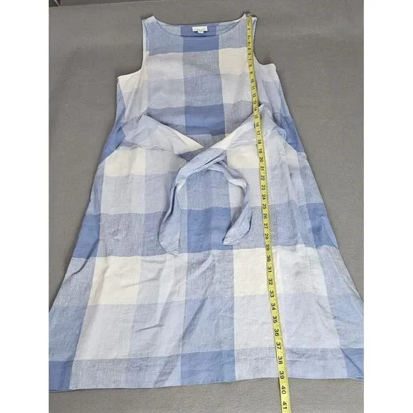 J Jill Love Linen Dress Womens PETITE Size S Check Plaid Blue White Tie Front - Picture 9 of 9